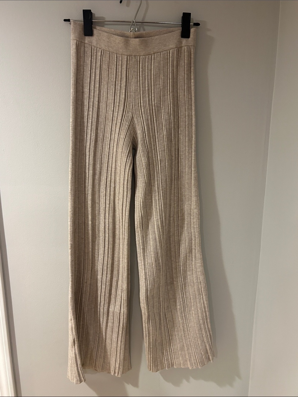 aerie Wide-Leg Ribbed Knit Pants in Beige